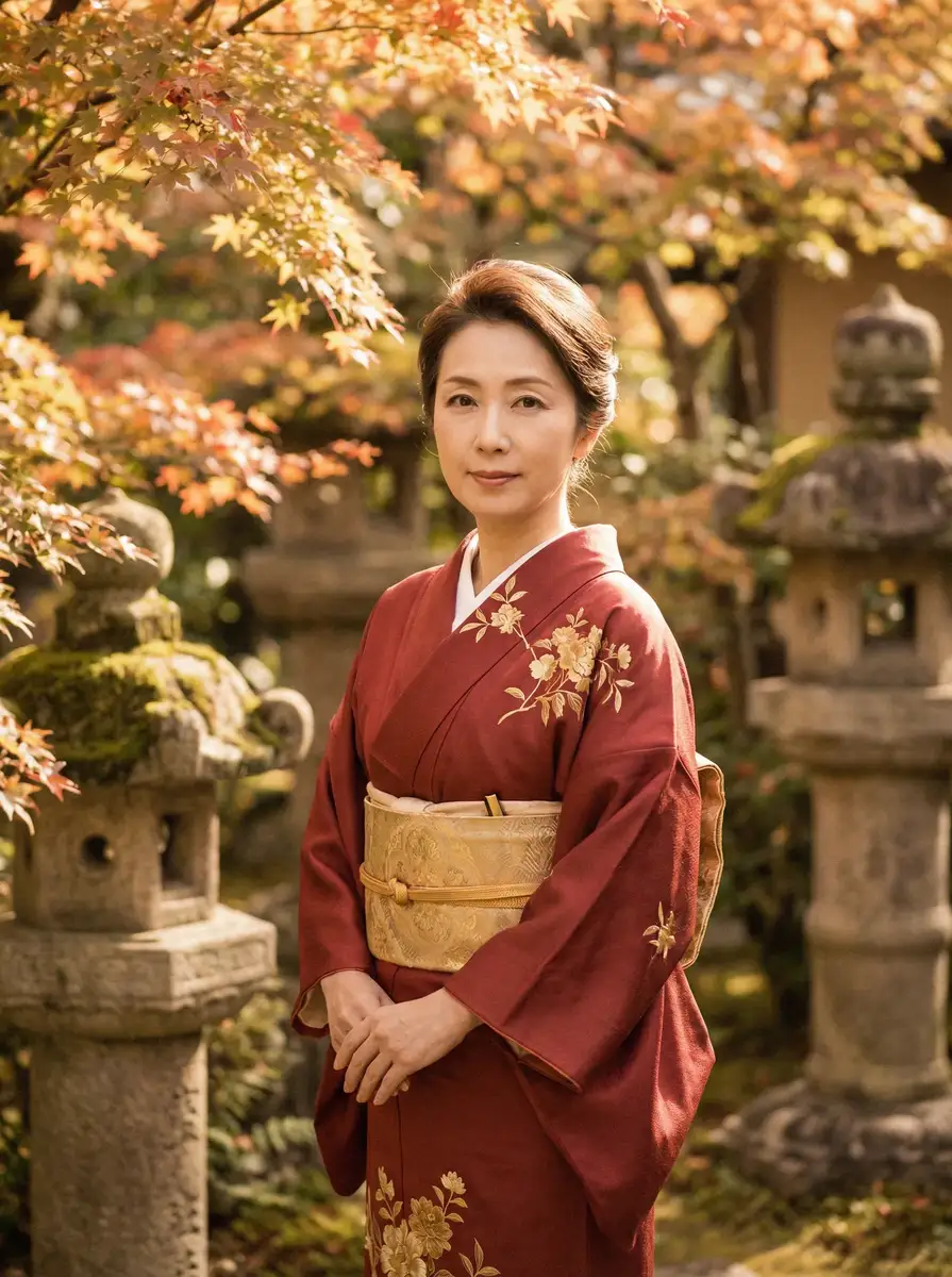 一位身穿暗红色和服的优雅 今泉真央 在日式庭院中